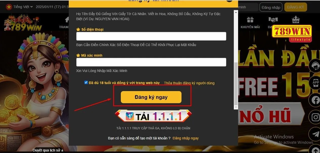 Chọn “Đăng ký ngay” để gửi yêu cầu đăng ký