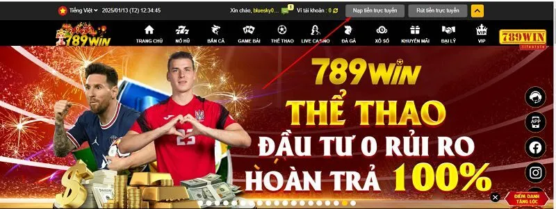 Chọn mục nạp tiền 789win ở trang chủ