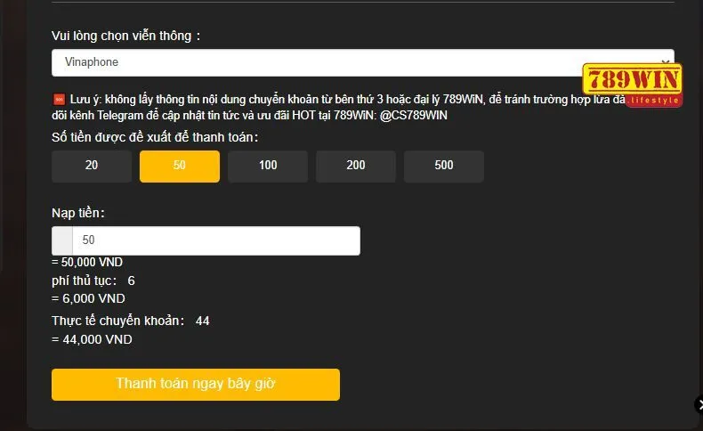 Nạp tiền 789win qua thẻ cào sẽ mất phí