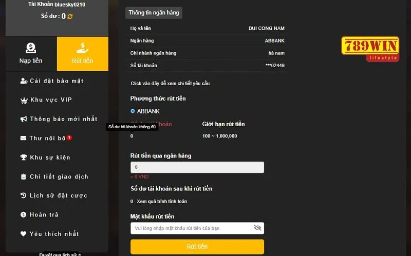 Thực hiện thành công giao dịch chuyển tiền về tài khoản