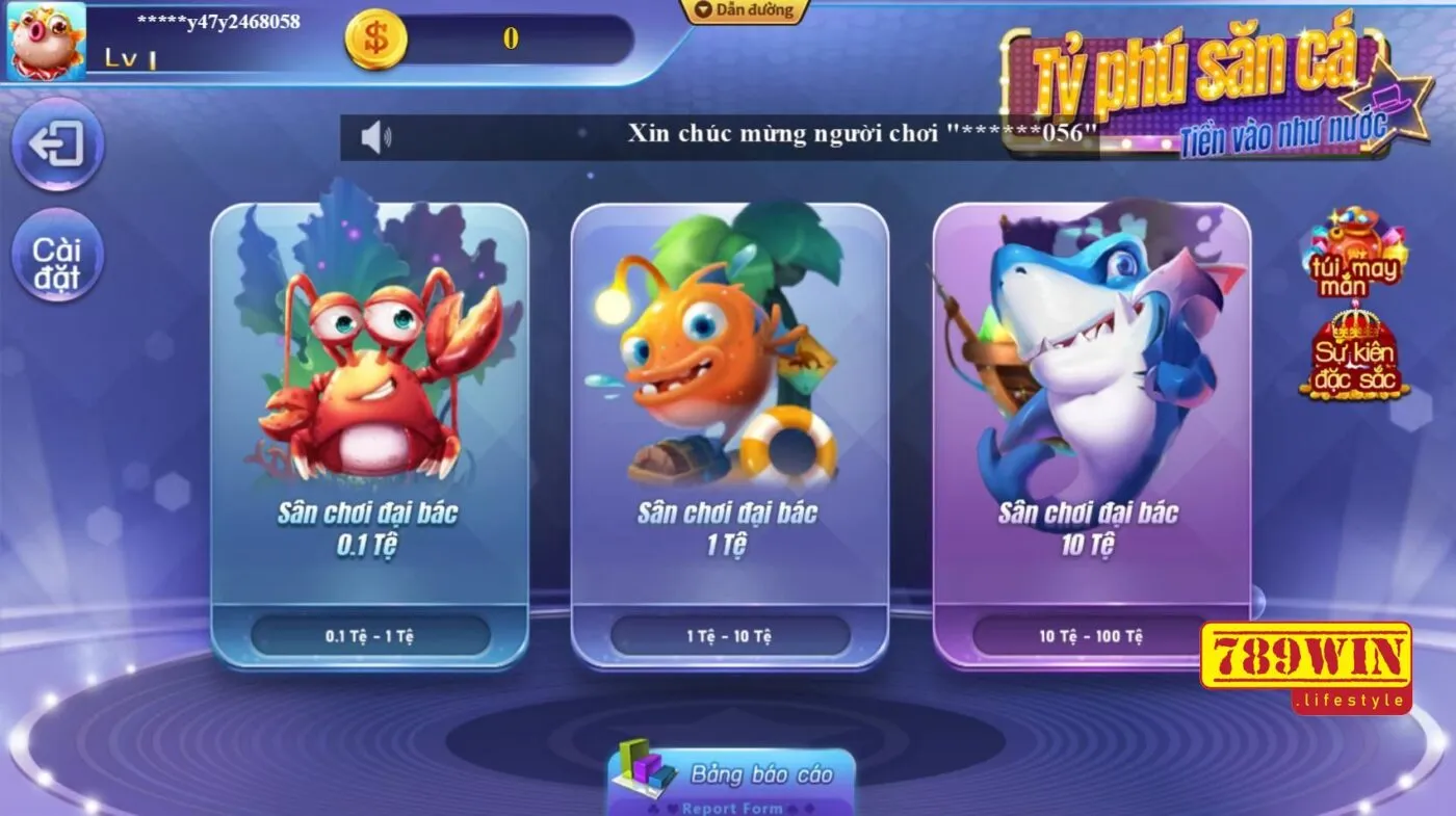 Sảnh chơi TP Ông trùm bắn cá 789Win chia thành các mức cược 